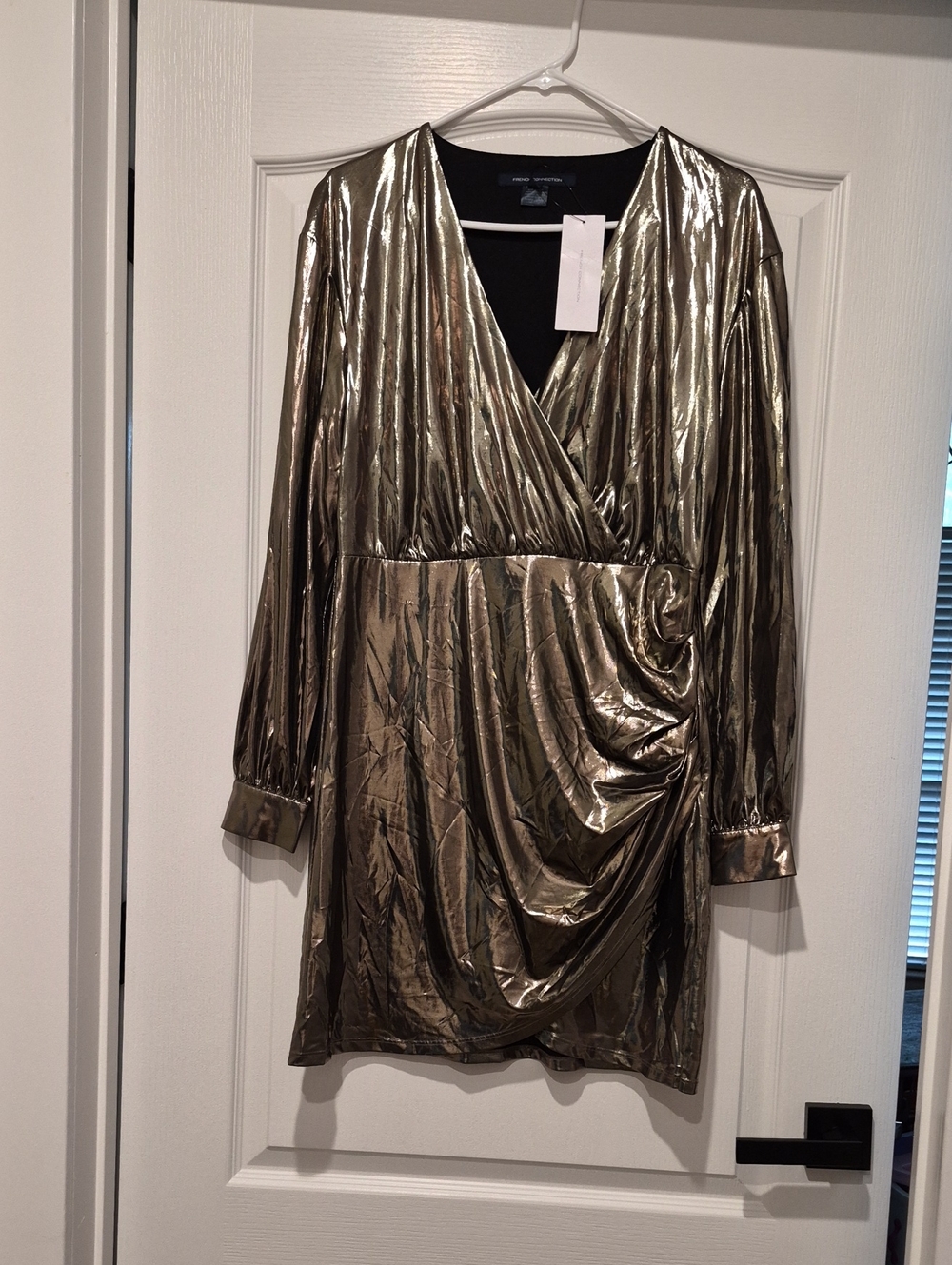 French Connection Metallic Gold Wrap Mini Dress